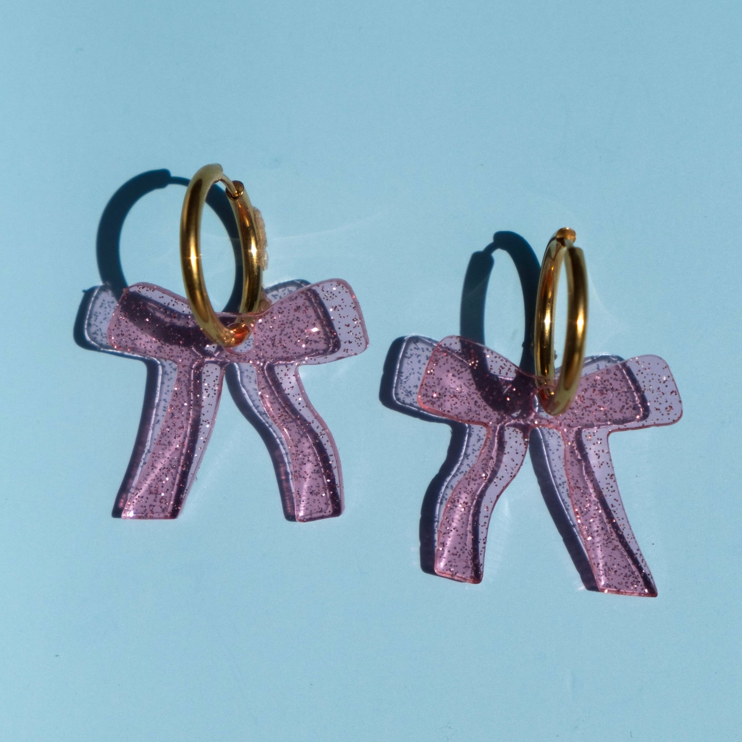 Sparkly Pink Bow Hoop Earrings