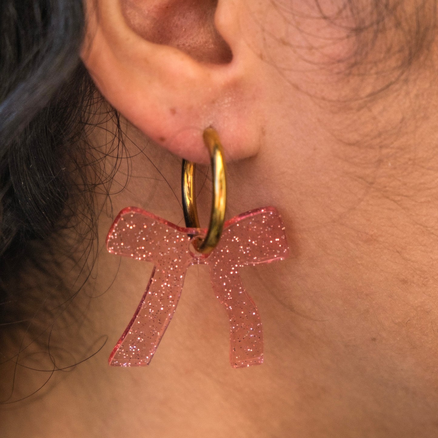 Sparkly Pink Bow Hoop Earrings