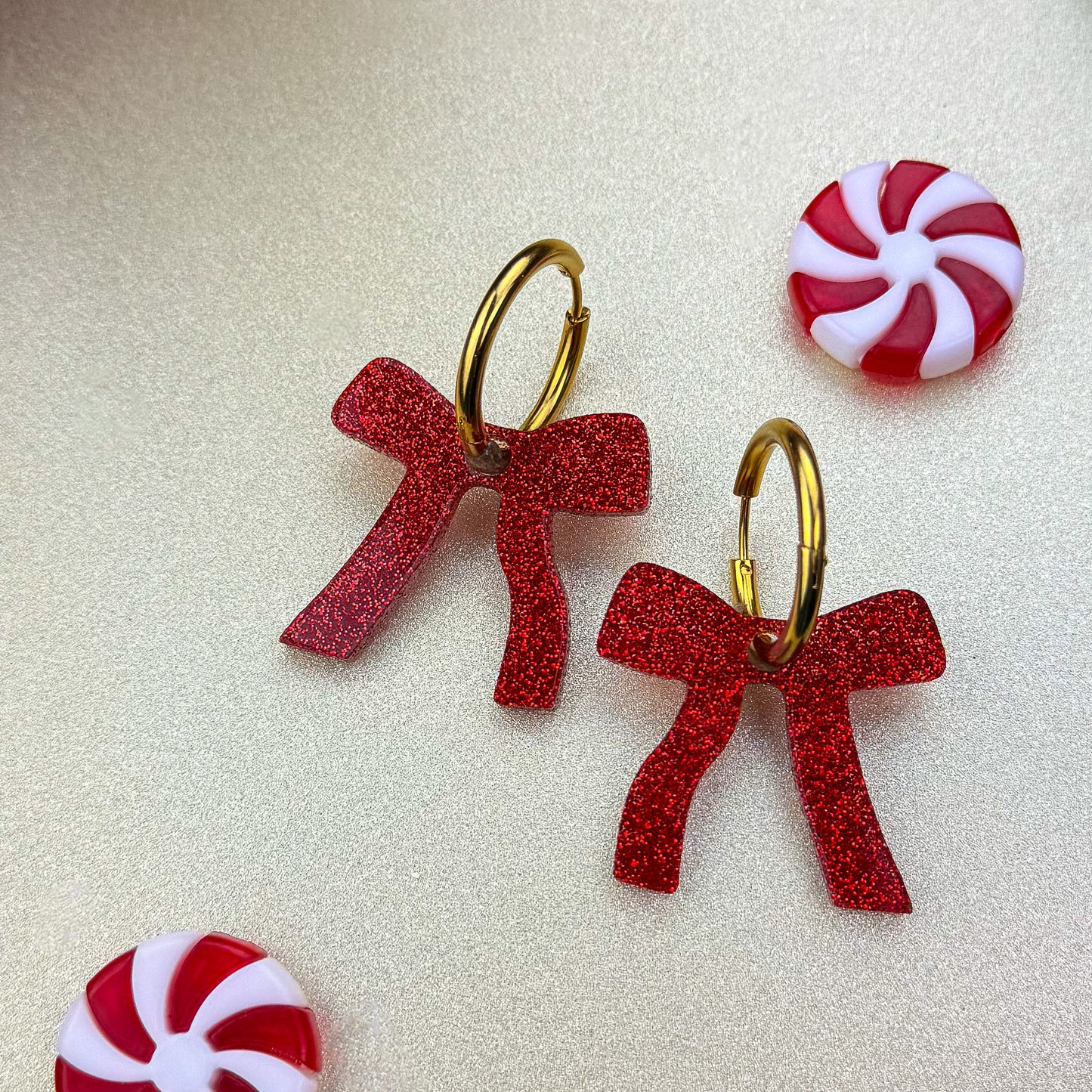 Sparkly Red Bow Hoop Earrings