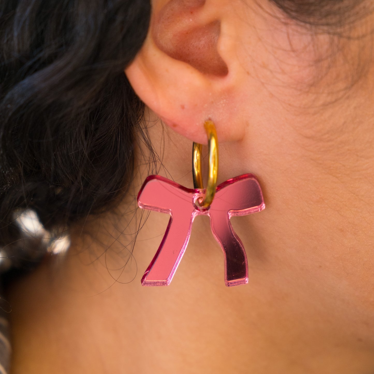 Reflective Pink Bow Hoop Earrings