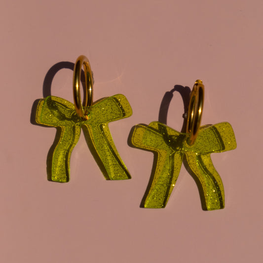 Sparkly Green Bow Hoop Earrings