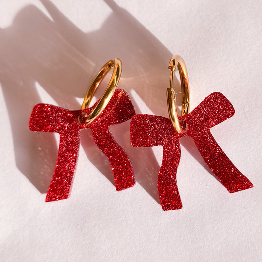 Sparkly Red Bow Hoop Earrings